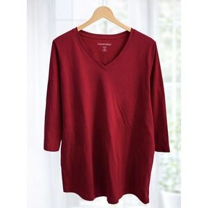 Woman Within Red 3/4 Sleeve Tee Top V Neck 100% Cotton Knit Size 1X 22 / 24